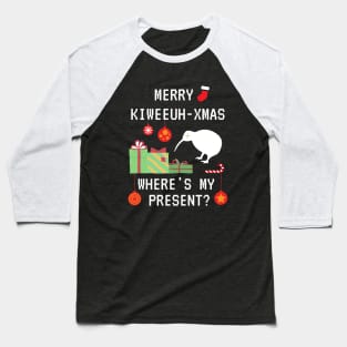 Funny Merry Kiwi Christmas, Where's My Present? Kiwi New Zealand Christmas Celebration Xmas Baseball T-Shirt